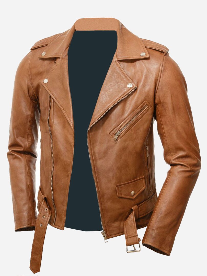 Mens Leather Jacket Bomber Motorcycle Biker Real Lambskin Leather Jacket for Mens Tan