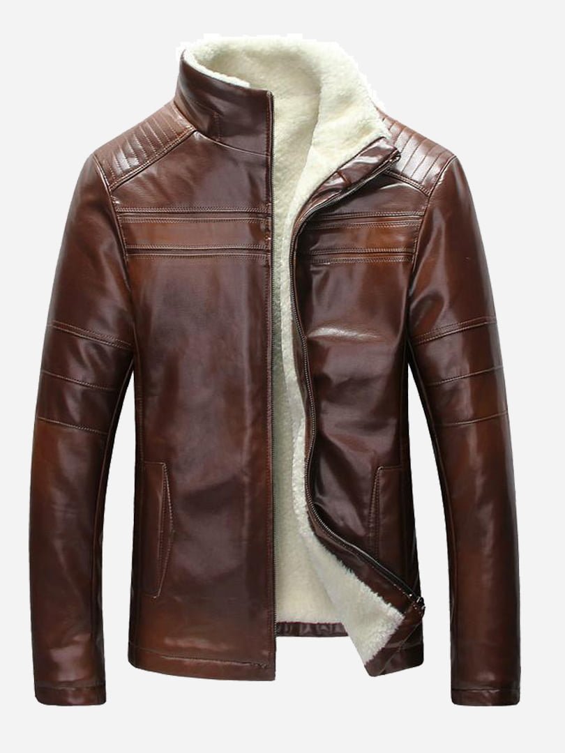ONTBYB Mens Slim Fit Stand Collar Fleece Lined Warm Faux Leather Thicken Jacket