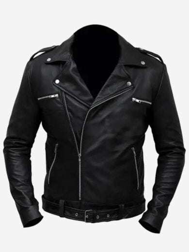 Negan Leather Jacket Black Belted Moto Jacket