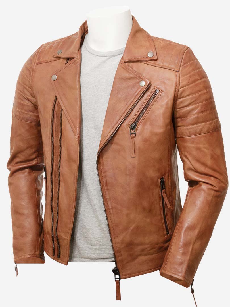 Mens biker tan retro distressed biker leather jacket