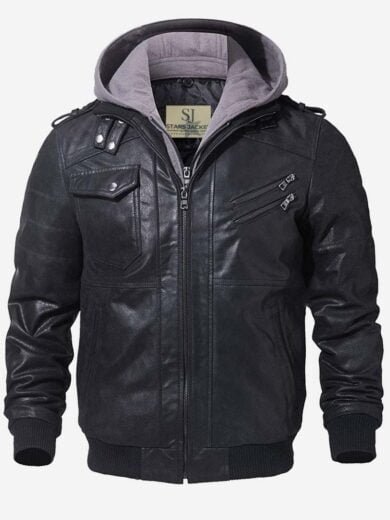 Black Bomber Real Sheepskin Leather Jacket Removable Hoodie