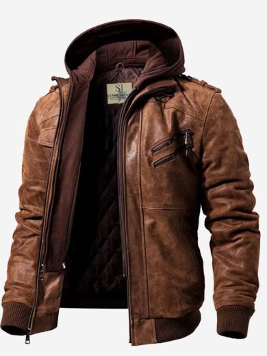 Cow Hide Brown Bomber Men's Real Leather Jacket Removable Hoodie
