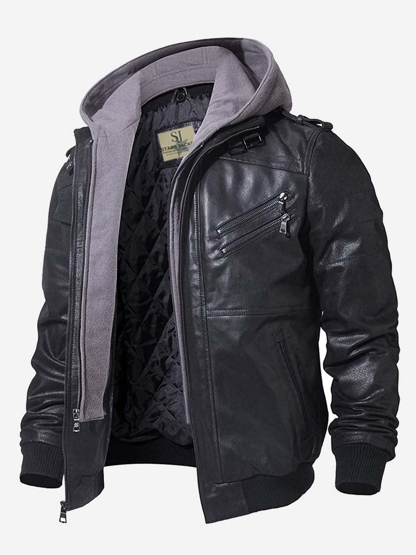Genuine Black Leather Bomber jacket with removeable hoodie