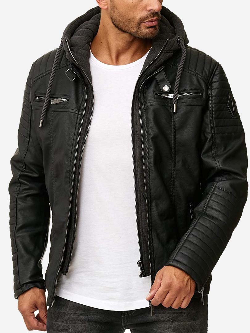 Men's Reaal Leather Jacket Transition Biker Jacket with Hooded