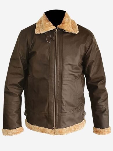 TOM-HARDY-LEATHER-JACKET TOM HARDY DUNKIRK FARRIER BROWN LEATHER SHEARLING BOMBER JACKET