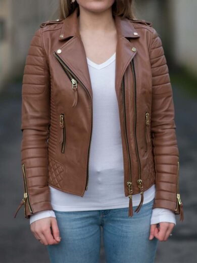 Womens biker Style Quilted Leather Motorcycle Jacket Brown