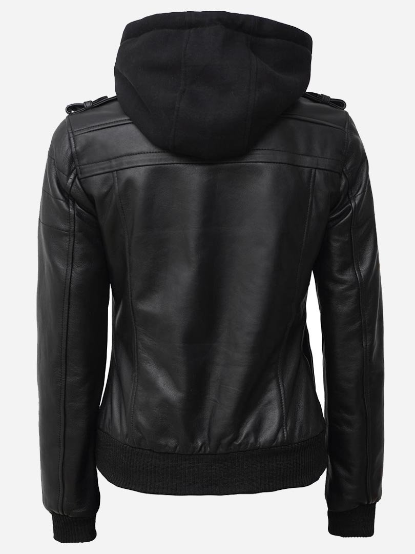 Black leather jacket for women with hood
