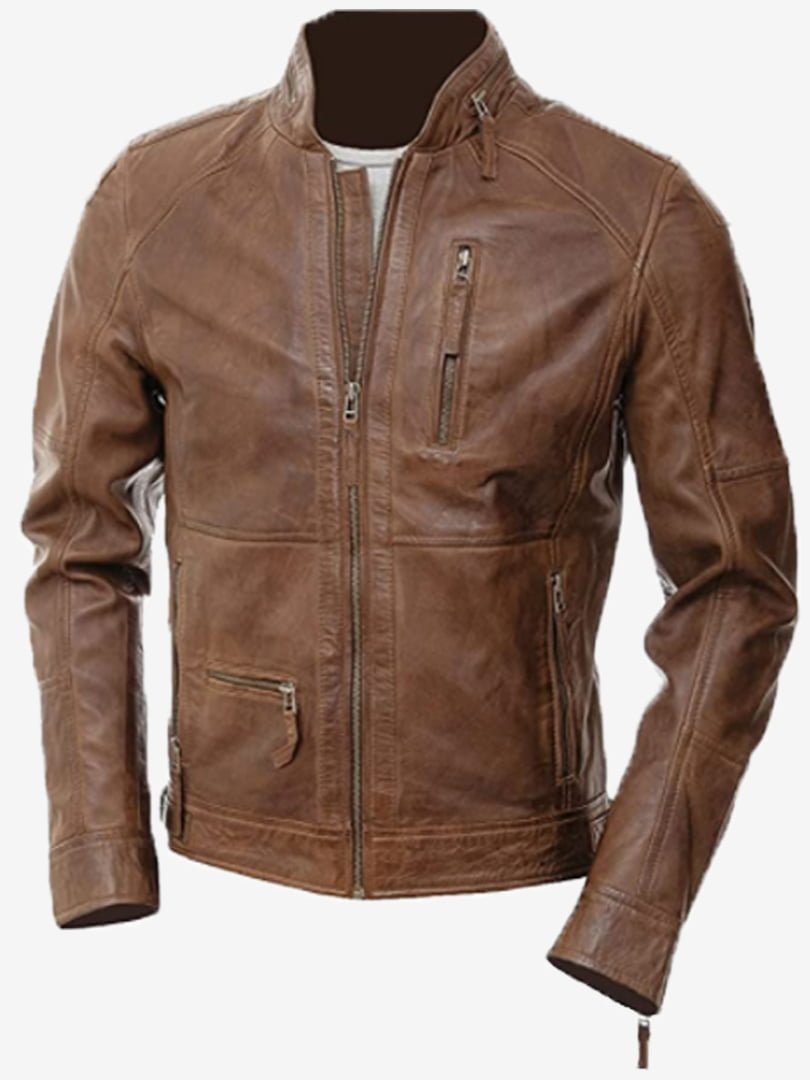 Brown Leather Jacket For Men - Biker Cafe Racer Brown Leather Jacket