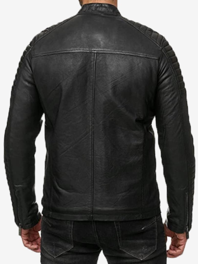 Men's Classic bike Motorcycle lether Jacket - Genuine Black Zipper Coat For Men5