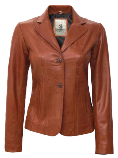 Women's Tan Leather Blazer Wide Lapel 