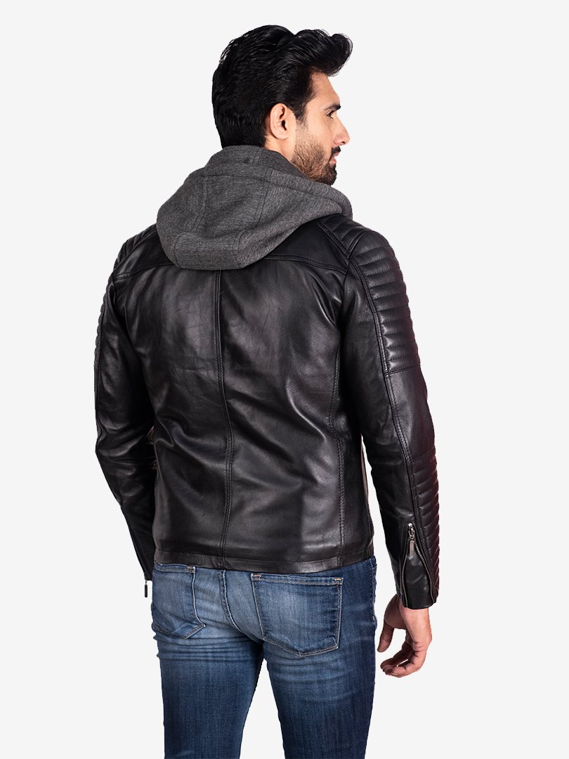 Black Bombe Iconic Leather Jacket With Removable Hood