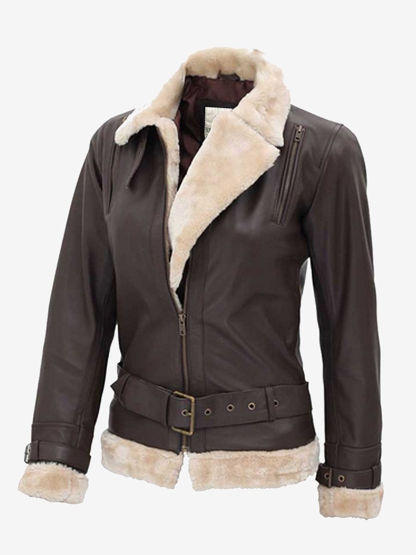 Gertrude Dark Brown Leather Shearling Aviator Jacket Womens