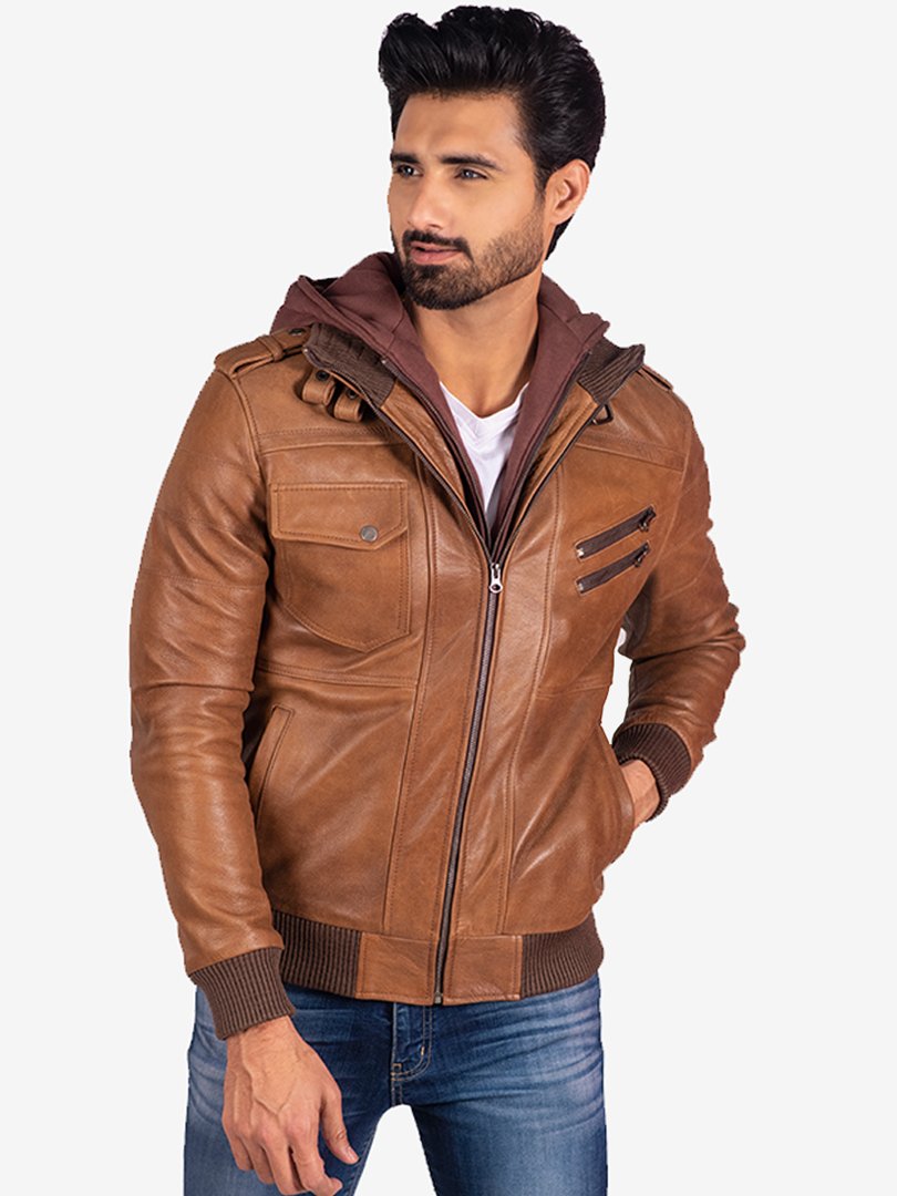 Iconic Brown Bomber Leather Jacket Removable Hood