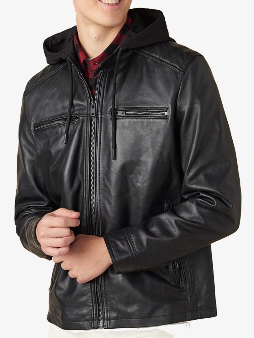 Men's Black Genuine Leather Jacket With Accordion Shoulder