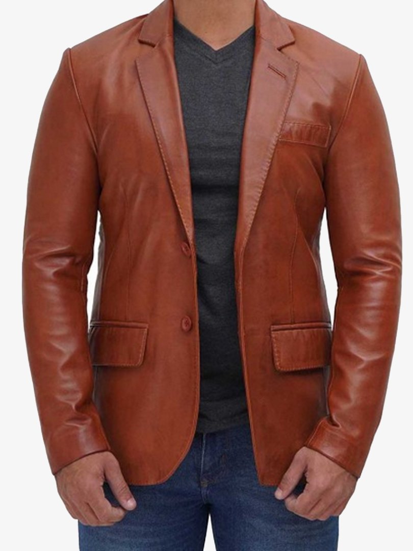 Brown Leather Blazer for Men - Real 2 button Leather coat
