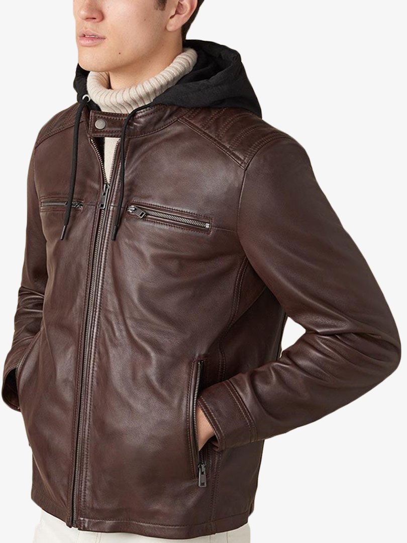 Brown Motorcycle Leather Jackets for Men With Removable Hood