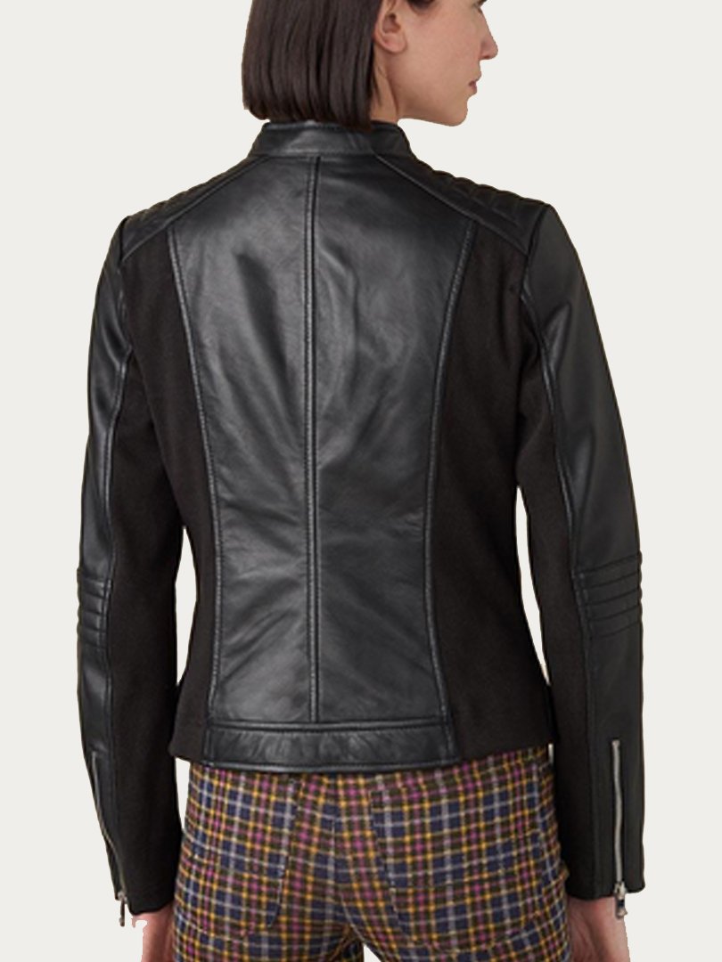 Women's Black Two Zipper Genuine Leather Jacket With Shoulder Detail
