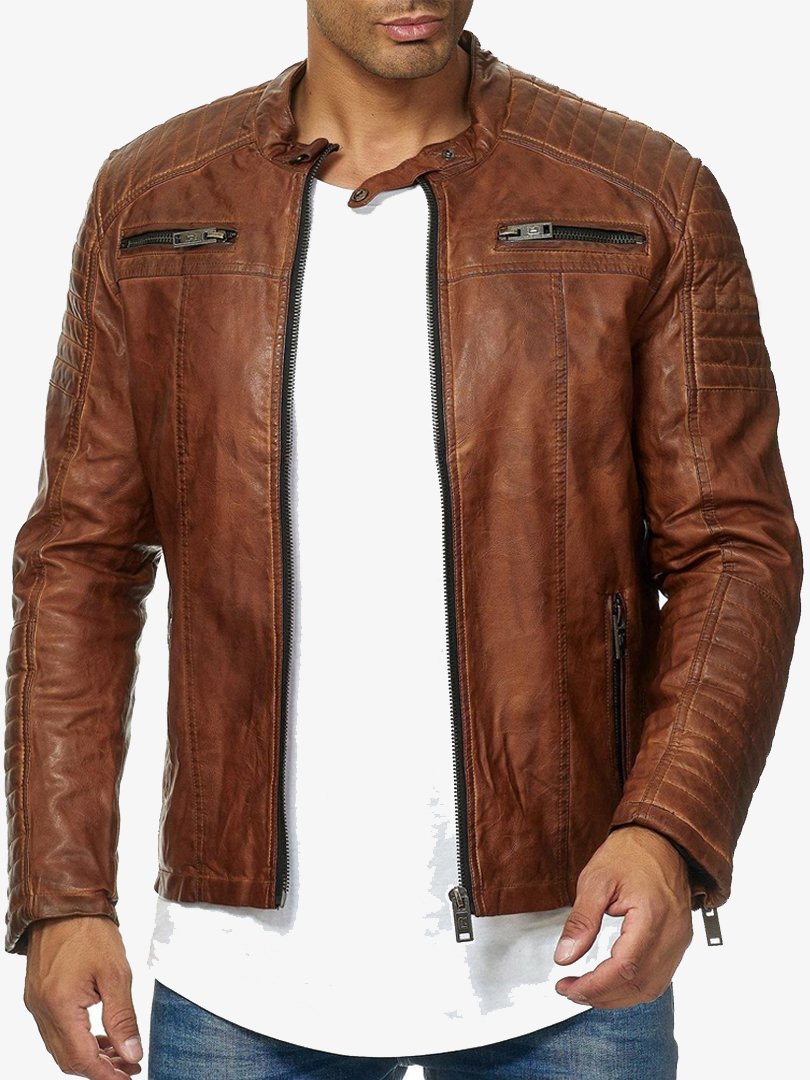 Men's Brown Faux Leather Jacket Biker Quilted Jacket