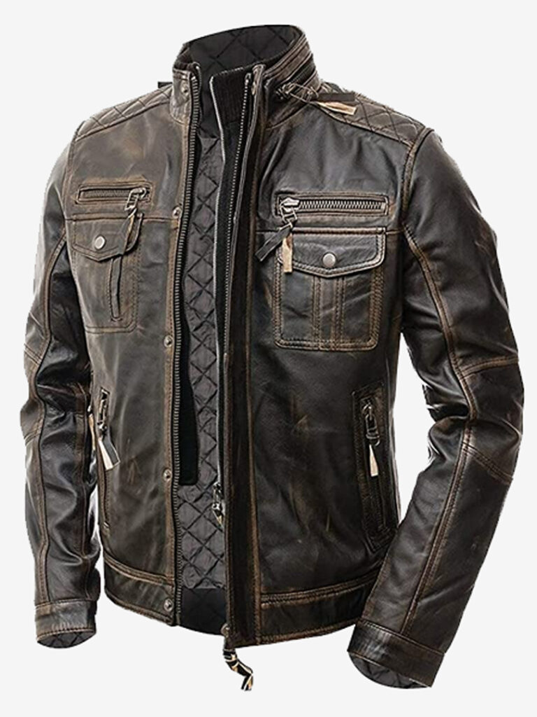 Men's Leather Jacket - Motorcycle Biker Slim Fit Vintage Distressed Brown Cafe Racer Real Leather Jacket