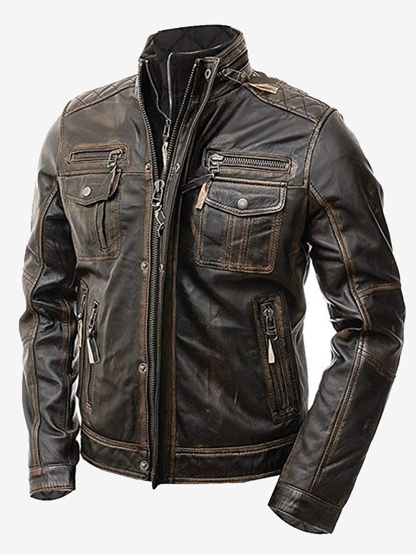 Mens Leather Jacket - Motorcycle Biker Slim Fit Vintage Distressed Brown Cafe Racer Real Leather Jacket