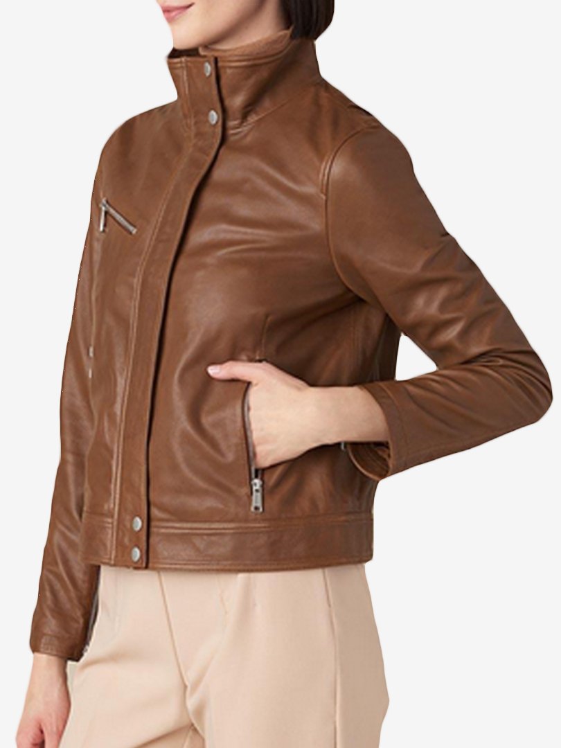 Women's Brown Genuine Leather Jacket with Stand Collar