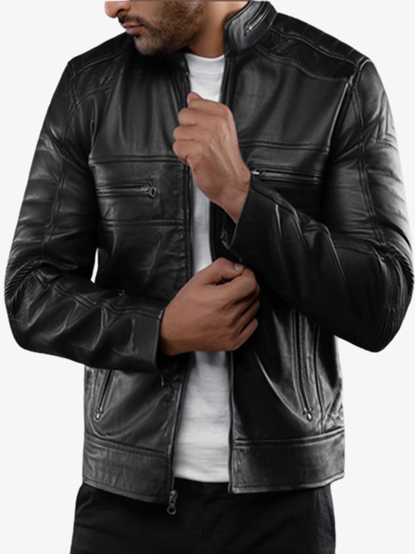 Mens Black Perforated Lambskin Cafe Racer Leather Jacket 4
