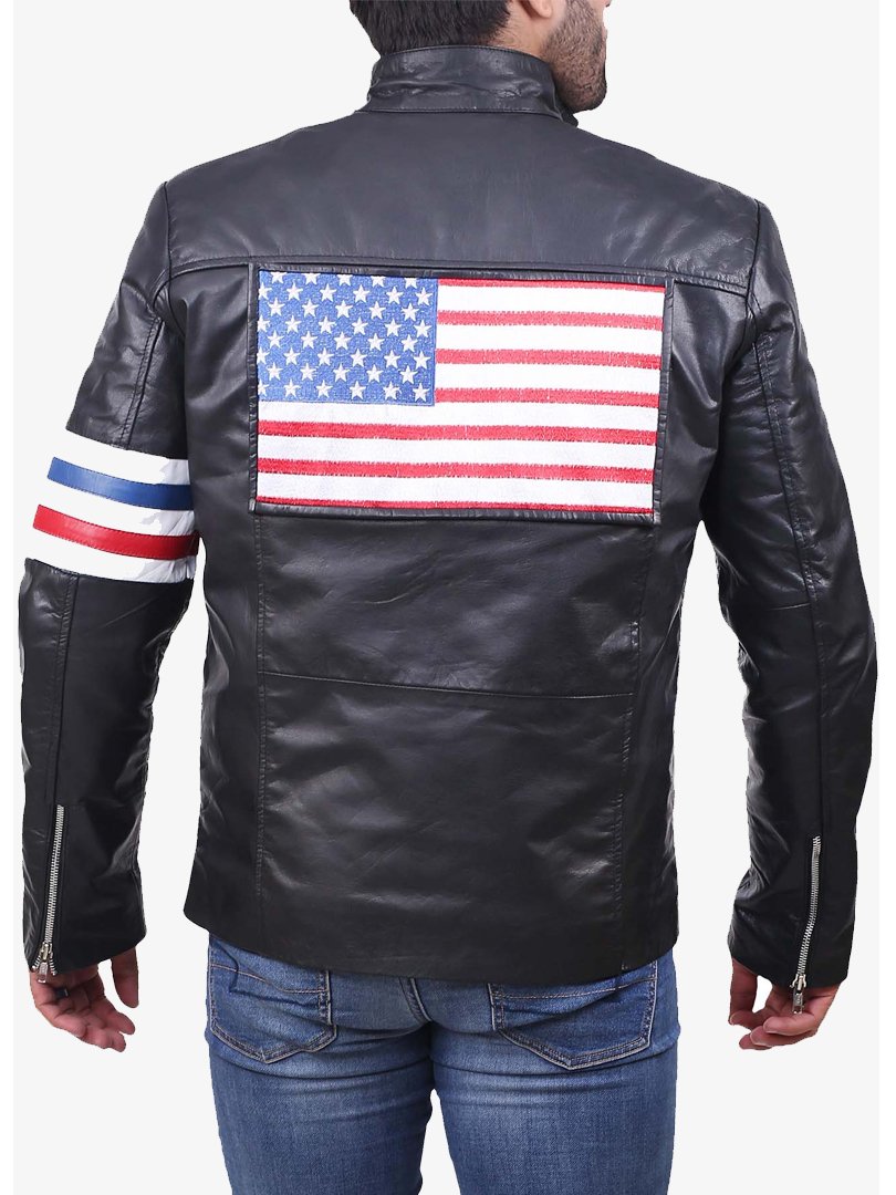 Black Motorcycle Leather Jacket USA Flag Stripes