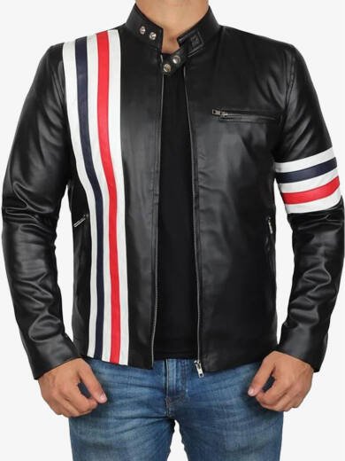 Black Motorcycle Leather Jacket USA Flag Stripes