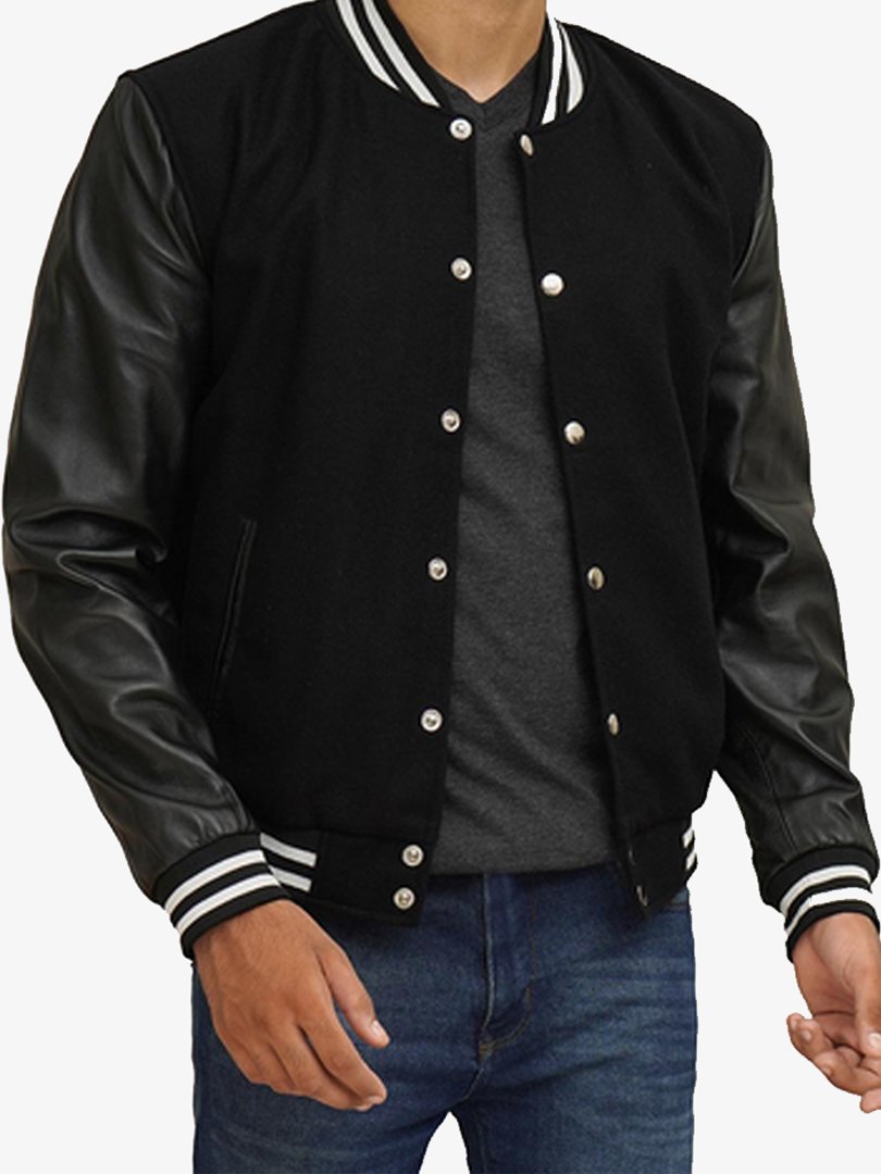 Black Letterman Varsity Jacket with Leather Sleeves