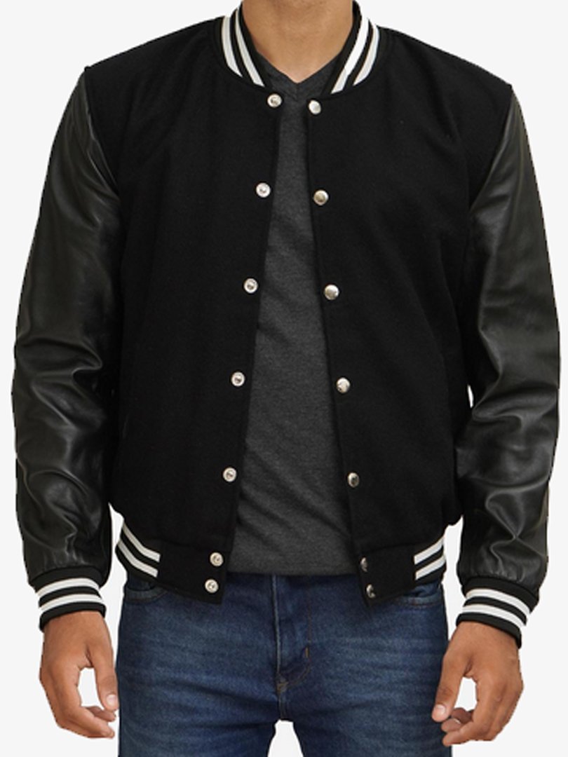 Black Letterman Varsity Jacket with Leather Sleeves