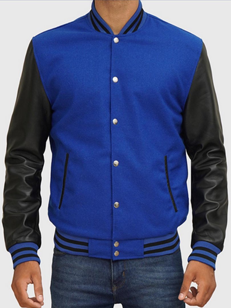 Blue Letterman Jacket Men's with Black Leather Sleeves