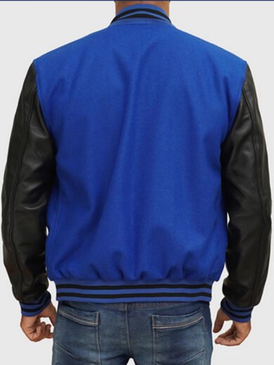 Blue Letterman Jacket Men's with Black Leather Sleeves
