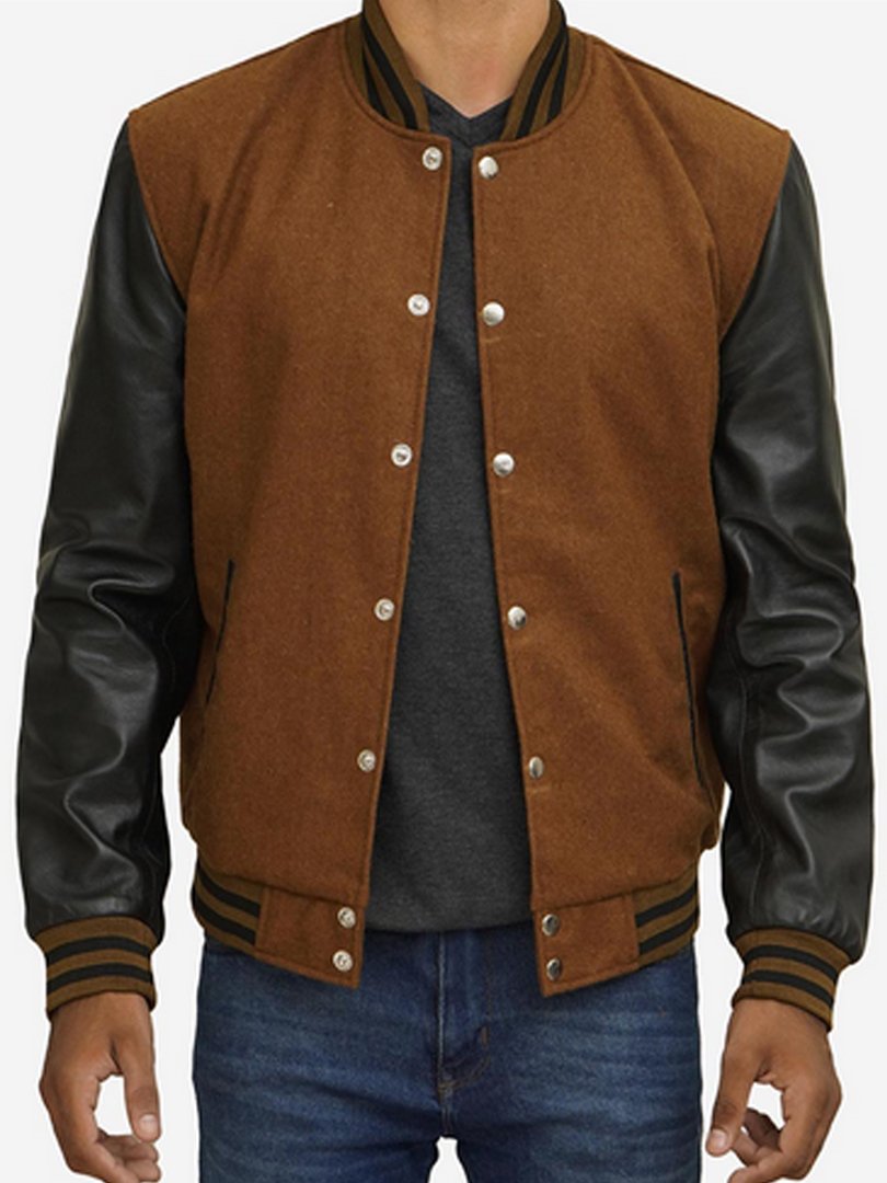 Mens-Brown-Varsity-Jacket-with-Black-Leather-Sleeves
