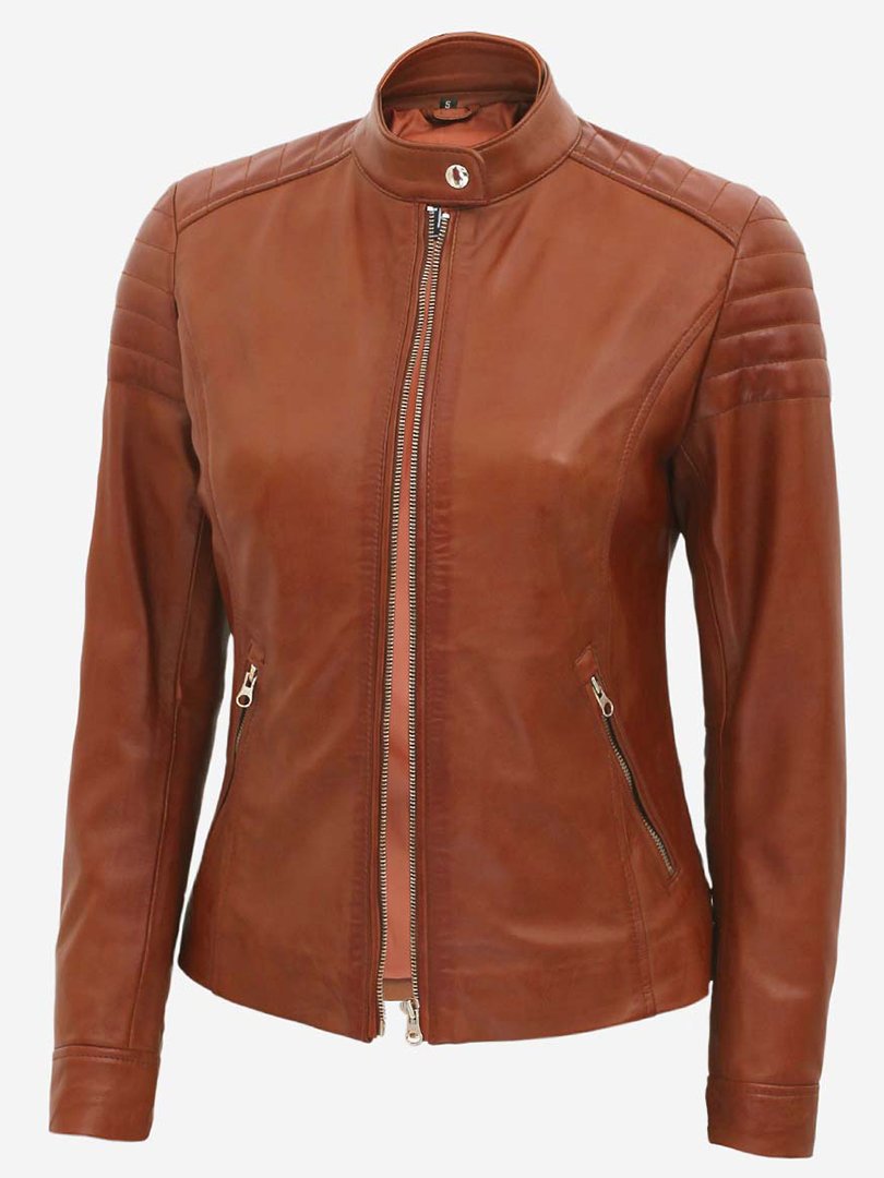 Carrie Womens Slim Fit Brown Padded Cafe Racer Leather Jacket