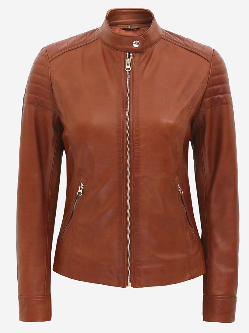 Carrie Womens Slim Fit Brown Padded Cafe Racer Leather Jacket